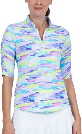 IBKUL Womens Jessie Print Ruched Elbow Length Sleeve Golf Top - Multicolor, Size: X-Small