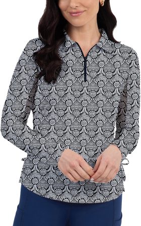 IBKUL Womens Leslie Print Adjustable Length Long Sleeve Golf Polo - Black, Size: X-Small