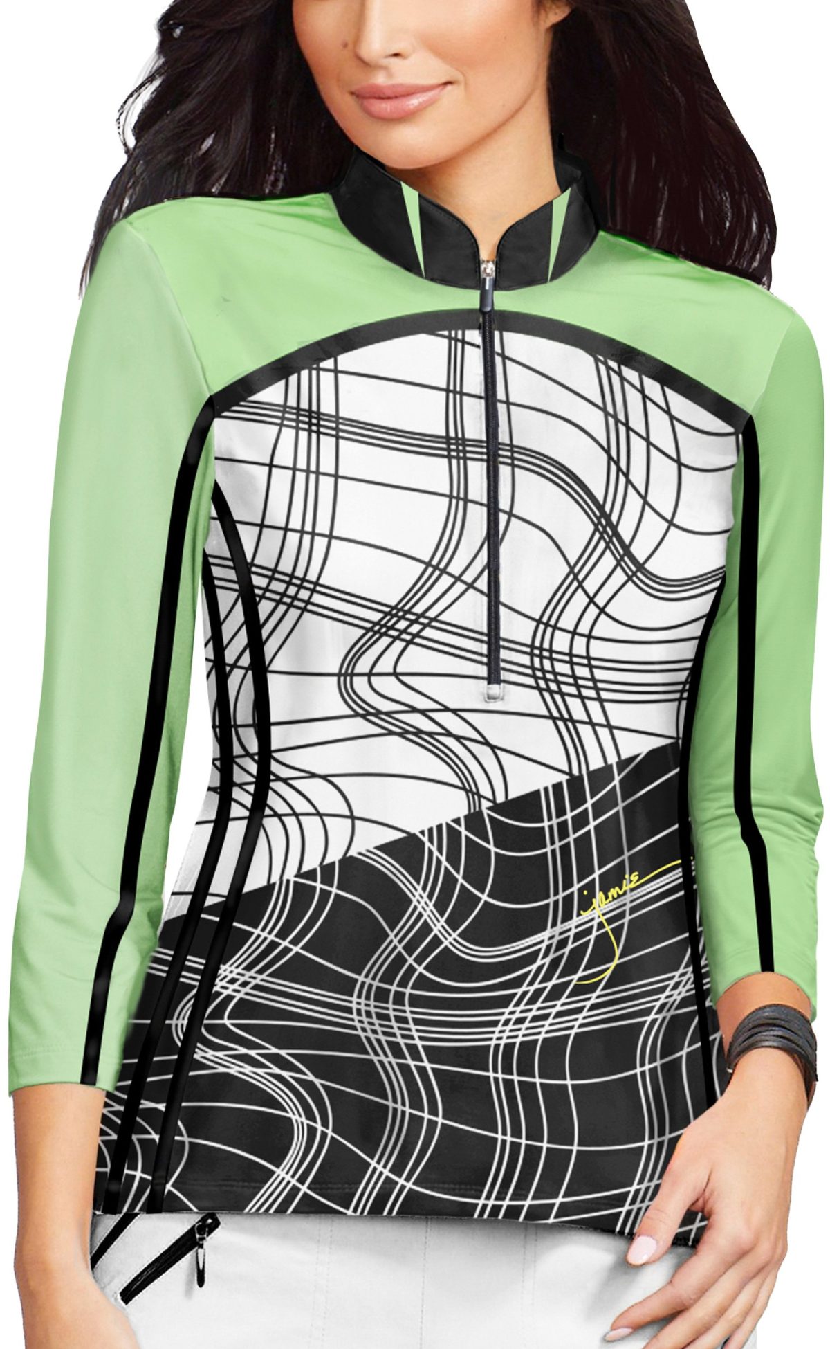 Jamie Sadock Womens Wavy Plaid Long Sleeve Golf Top - Green, Size: Small