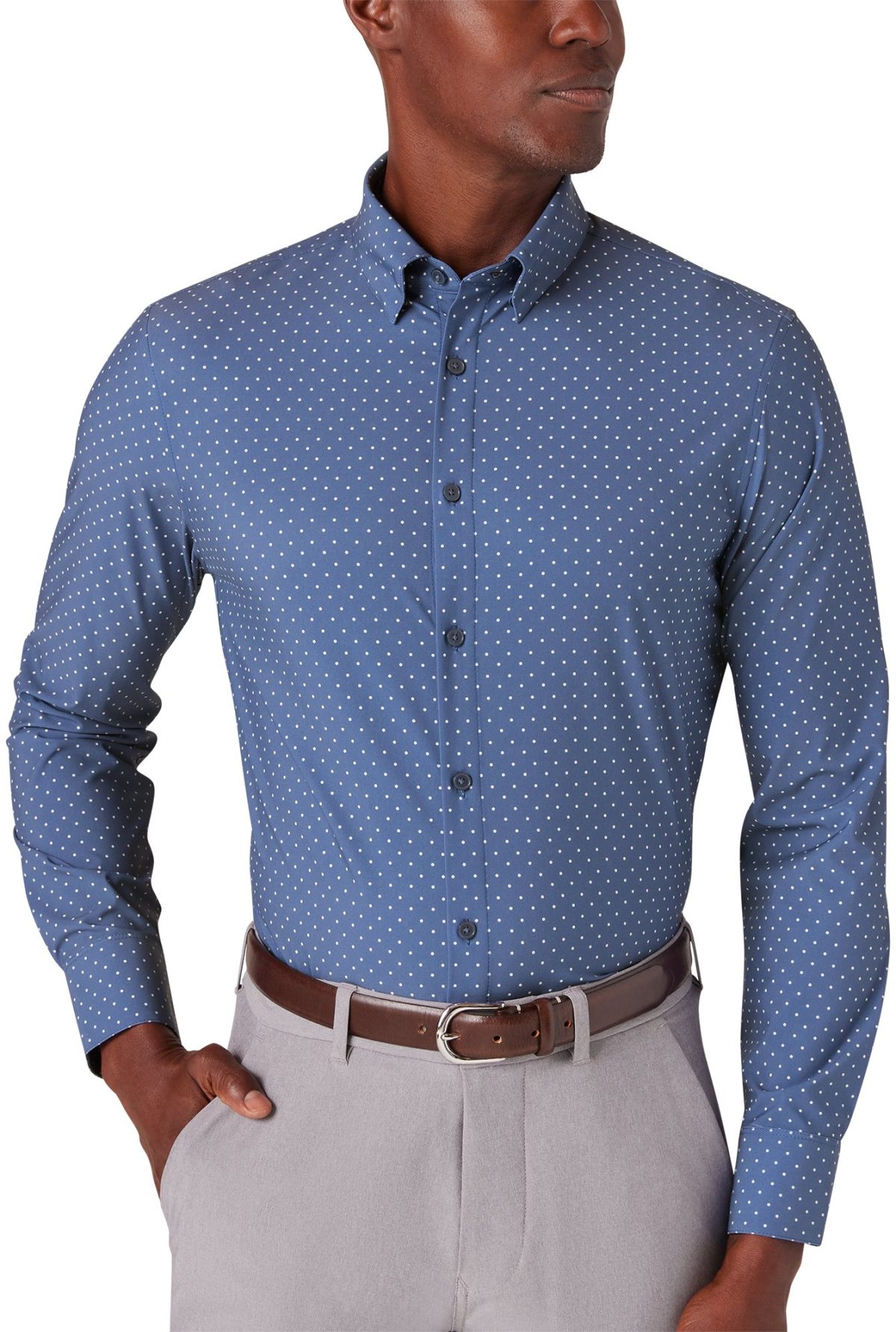 Mizzen+Main Leeward Long Sleeve Button Down Men's Golf Shirt - Coastal Fjord Dot - Blue, Size: Medium Trim Fit