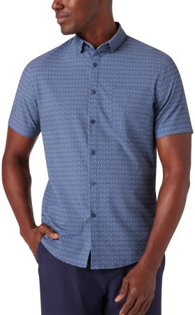 Mizzen+Main Leeward Short Sleeve Button Down Men's Golf Shirt - Coastal Fjord Fern Geo - Blue, Size: Small Trim Fit