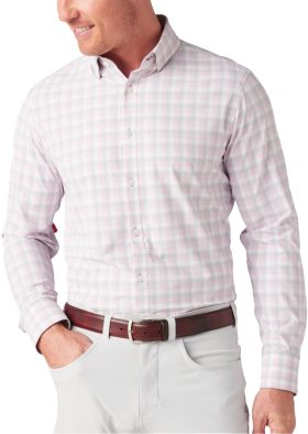 Mizzen+Main Monaco Long Sleeve Button Down Men's Golf Dress Shirt - Rose Triple Plaid - Pink, Size: Medium Trim Fit