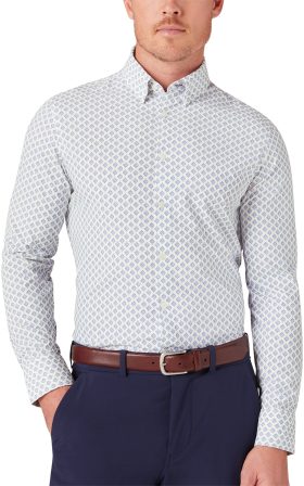 Mizzen+Main Monaco Long Sleeve Button Down Men's Golf Dress Shirt - White Fern Geo - White, Size: Small Trim Fit