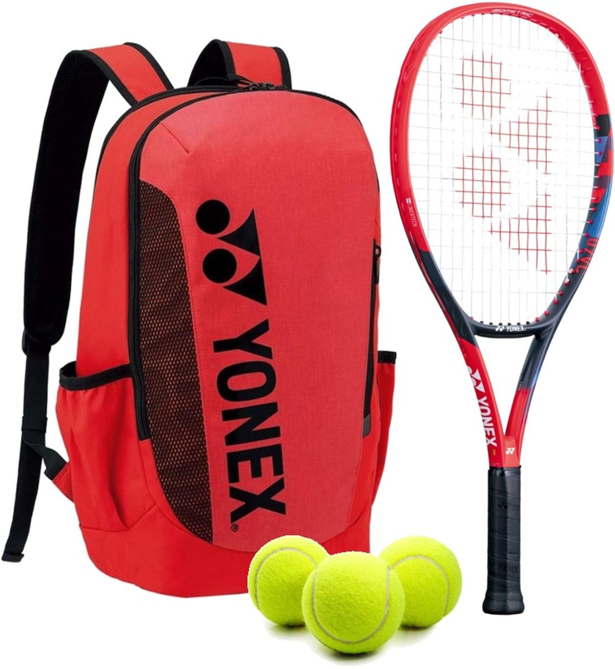 Yonex Jr VCore 7th Gen Racquet Bundled + a Team Backpack + 3 Tennis Balls (Red)