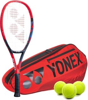 Yonex Jr VCore 7th Gen Racquet + a Team 3 Pack Bag + 3 Tennis Balls (Red)