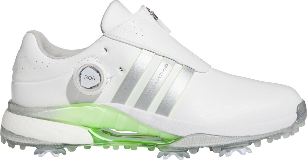 adidas Womens Tour360 24 BOA BOOST Golf Shoes - Cloud White/Silver Metallic/Green Spark - 5 - MEDIUM