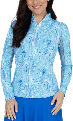 IBKUL Womens Gloria Print Long Sleeve Mock Neck Golf Top - Blue, Size: Small