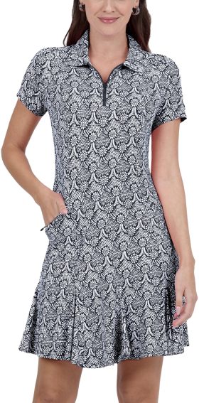 IBKUL Womens Leslie Print Godet Golf Dress - Black, Size: Medium