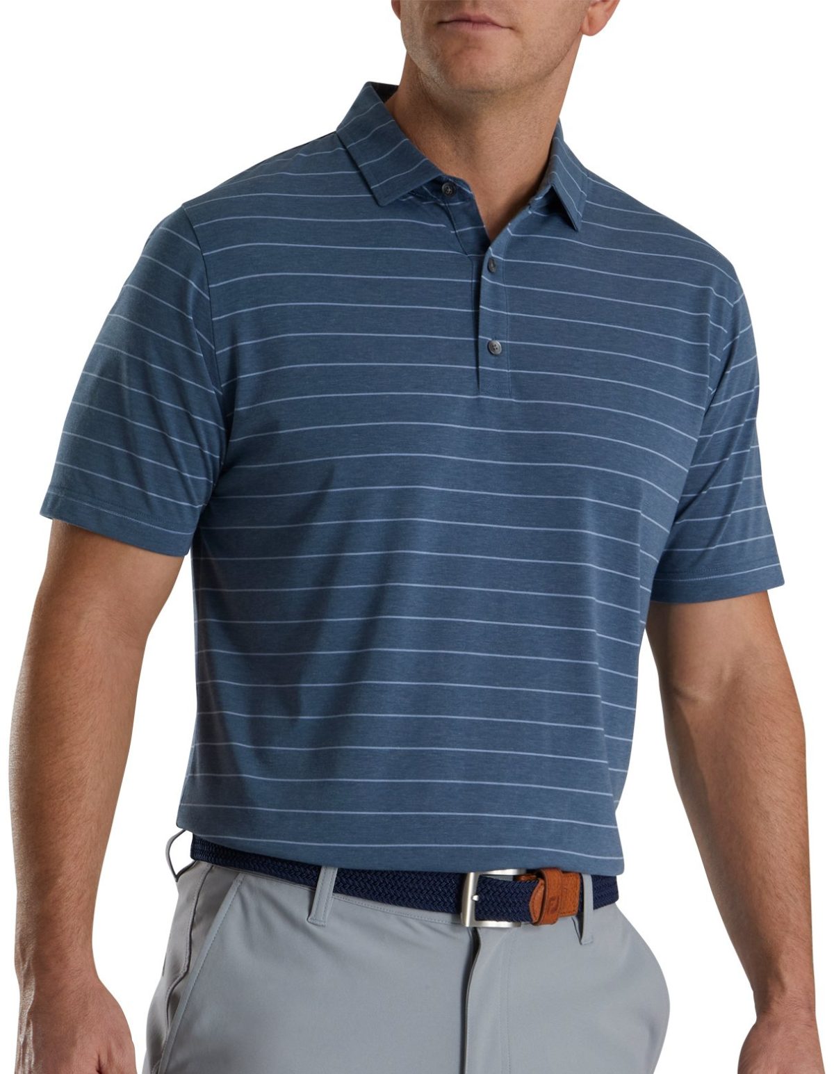 FootJoy Athletic Fit Open Stripe Jersey Self Collar Men's Golf Polo - Heather Storm/River Rock - Blue, Size: Medium