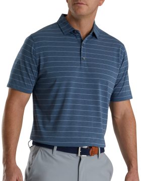 FootJoy Athletic Fit Open Stripe Jersey Self Collar Men's Golf Polo - Heather Storm/River Rock - Blue, Size: Medium