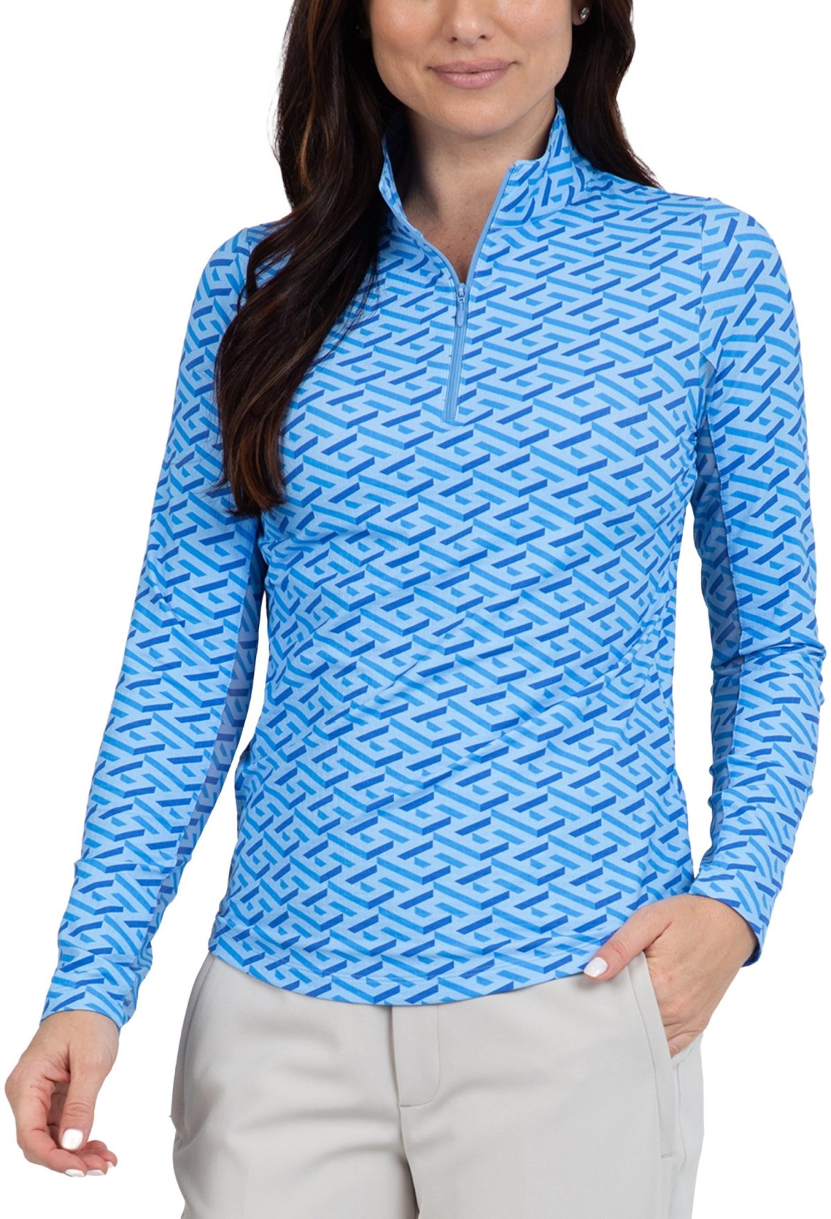 IBKUL Womens Fatima Print Long Sleeve Mock Neck Golf Top - Blue, Size: Small