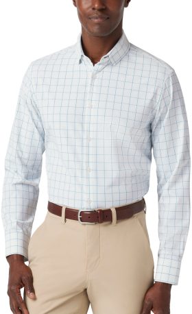 Mizzen+Main Leeward Long Sleeve Button Down Men's Golf Shirt - White Modern Tattersall - Blue, Size: Medium Trim Fit