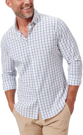 Mizzen+Main Leeward No Tuck Button Down Men's Golf Shirt - White Navy Windowpane - White, Size: Medium Trim Fit