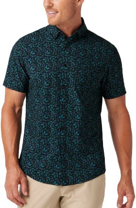 Mizzen+Main Leeward Short Sleeve Button Down Men's Golf Shirt - Navy Foliage - Black, Size: Medium - Classic