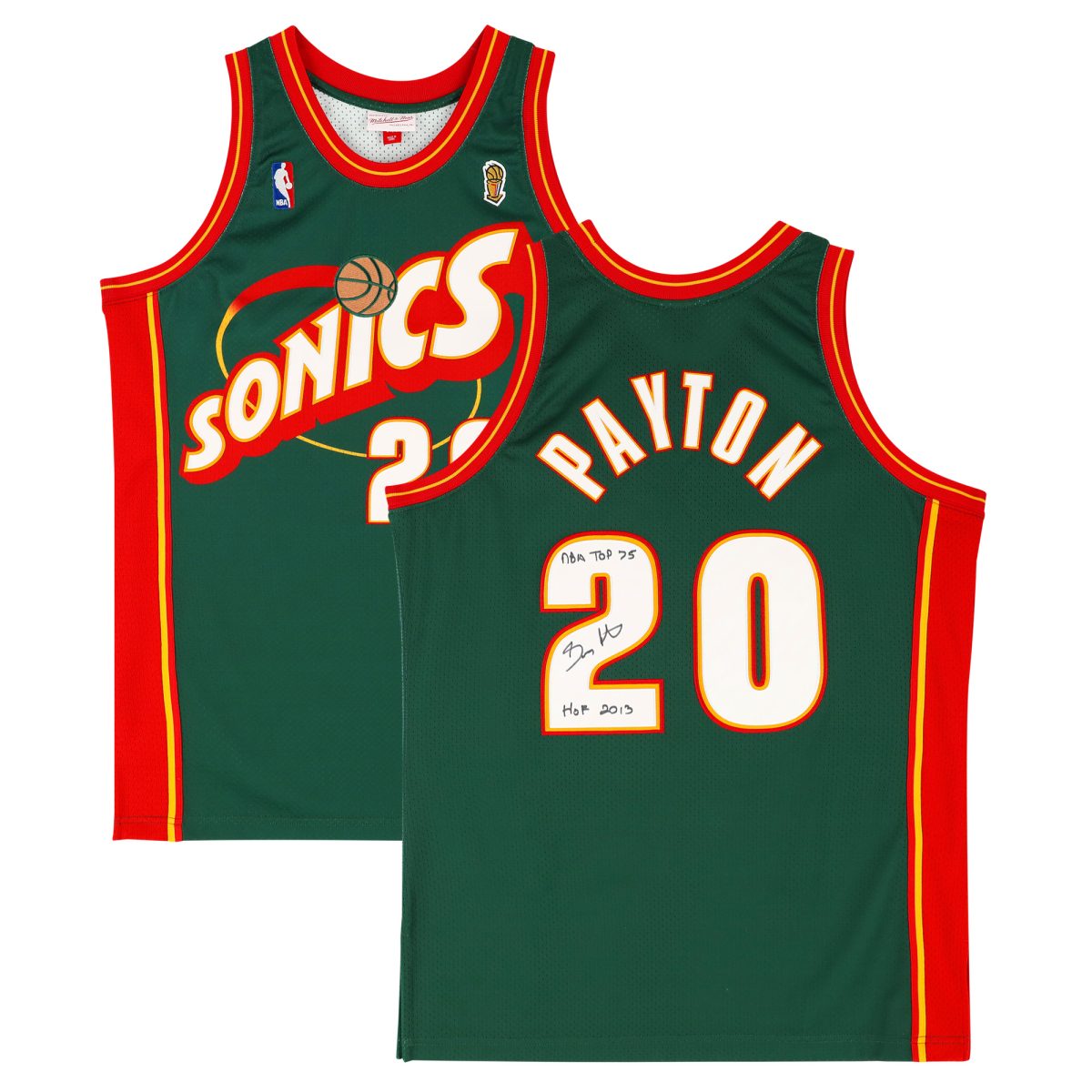 Gary Payton Seattle Supersonics Autographed & Inscribed Mitchell & Ness 1995-96 Hardwood Classics #20 Authentic Jersey with "HOF 2013" and "NBA Top 75" Inscriptions