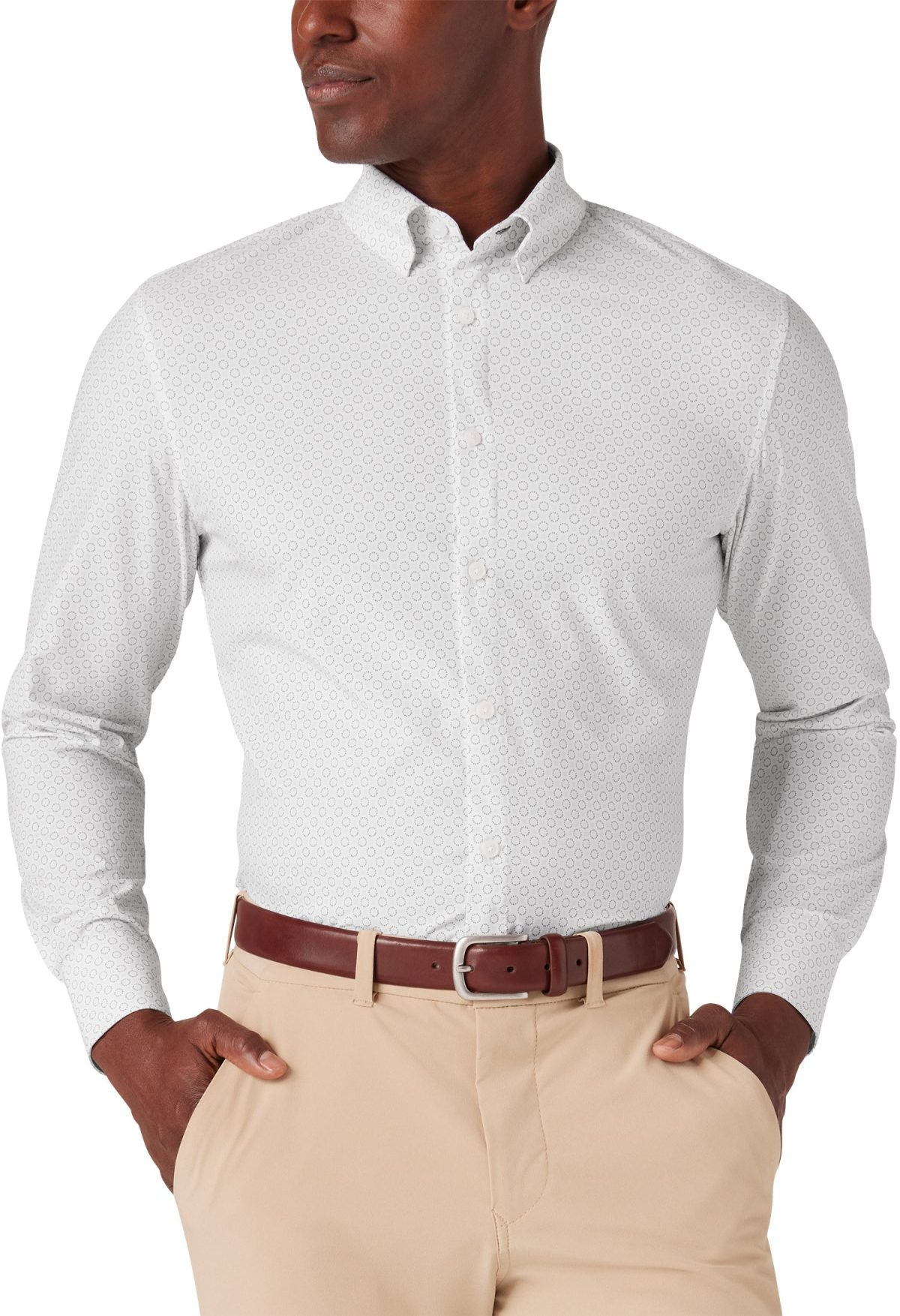 Mizzen+Main Leeward Long Sleeve Button Down Men's Golf Shirt - White Medallion Print - White, Size: Medium Trim Fit