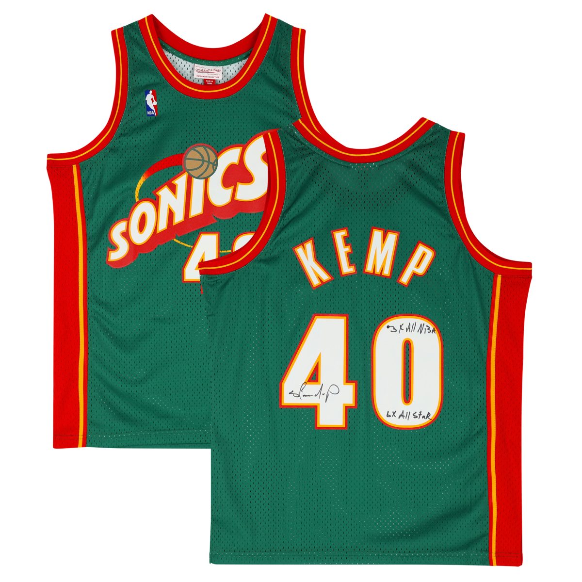 Shawn Kemp Seattle Supersonics Autographed & Inscribed Mitchell & Ness 1995-96 Swingman Hardwood Classics #40 Jersey with "3x All NBA" and "6x All Star" Inscriptions