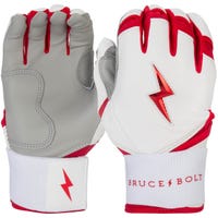 Bruce+Bolt Premium Cabretta Leather Long Cuff Youth Batting Gloves - 2020 Model - Chrome in White/Red Size Medium