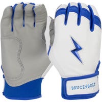 Bruce+Bolt Premium Cabretta Leather Short Cuff Youth Batting Gloves - 2020 Model - Chrome in White/Royal Size Medium