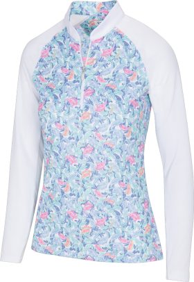 Greg Norman Womens Sun-Protection Paisley Print Half Zip Golf Top - White, Size: X-Small