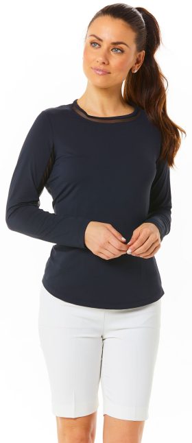 IBKUL Womens Long Sleeve Crew Neck Golf Top with Mesh - Black, Size: X-Small