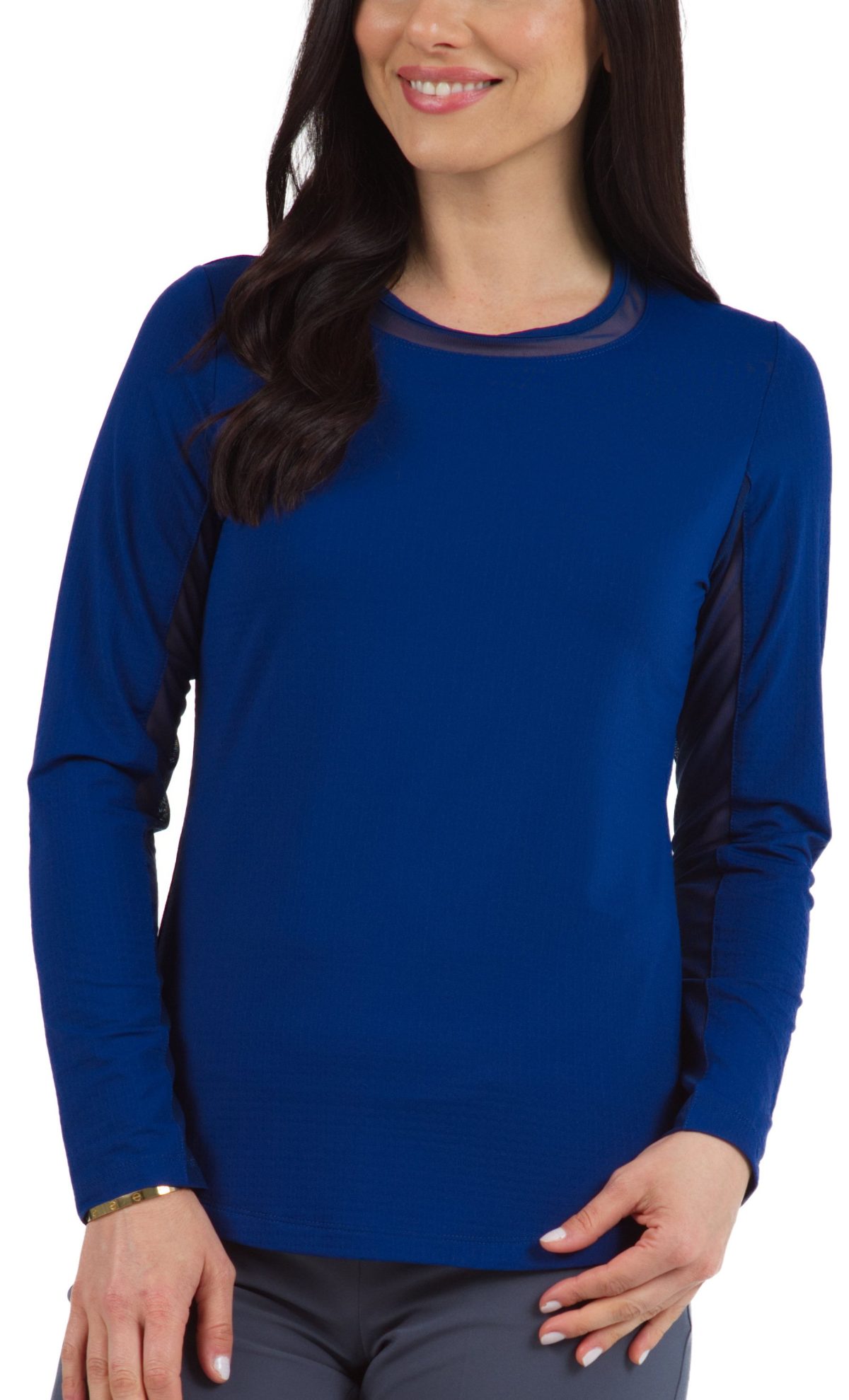 IBKUL Womens Long Sleeve Crew Neck Golf Top with Mesh - Blue, Size: X-Large