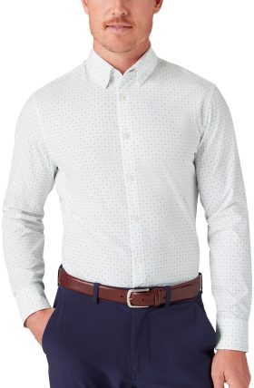 Mizzen+Main Leeward Long Sleeve Button Down Men's Golf Dress Shirt - Sky Pyramid Print - White, Size: Large Trim Fit