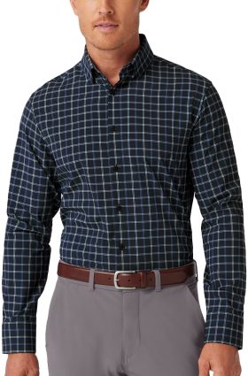 Mizzen+Main Leeward Long Sleeve Button Down Men's Golf Shirt - Navy Stewart Plaid - Blue, Size: Medium Trim Fit