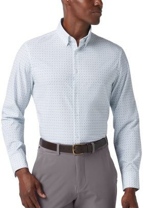 Mizzen+Main Leeward Long Sleeve Button Down Men's Golf Shirt - White Hatch Mark - Blue, Size: Medium Trim Fit