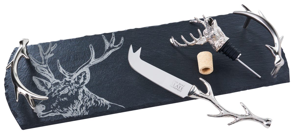 Selbrae House Stag Slate Tray, Cheese Knife, and Bottle Pourer Set