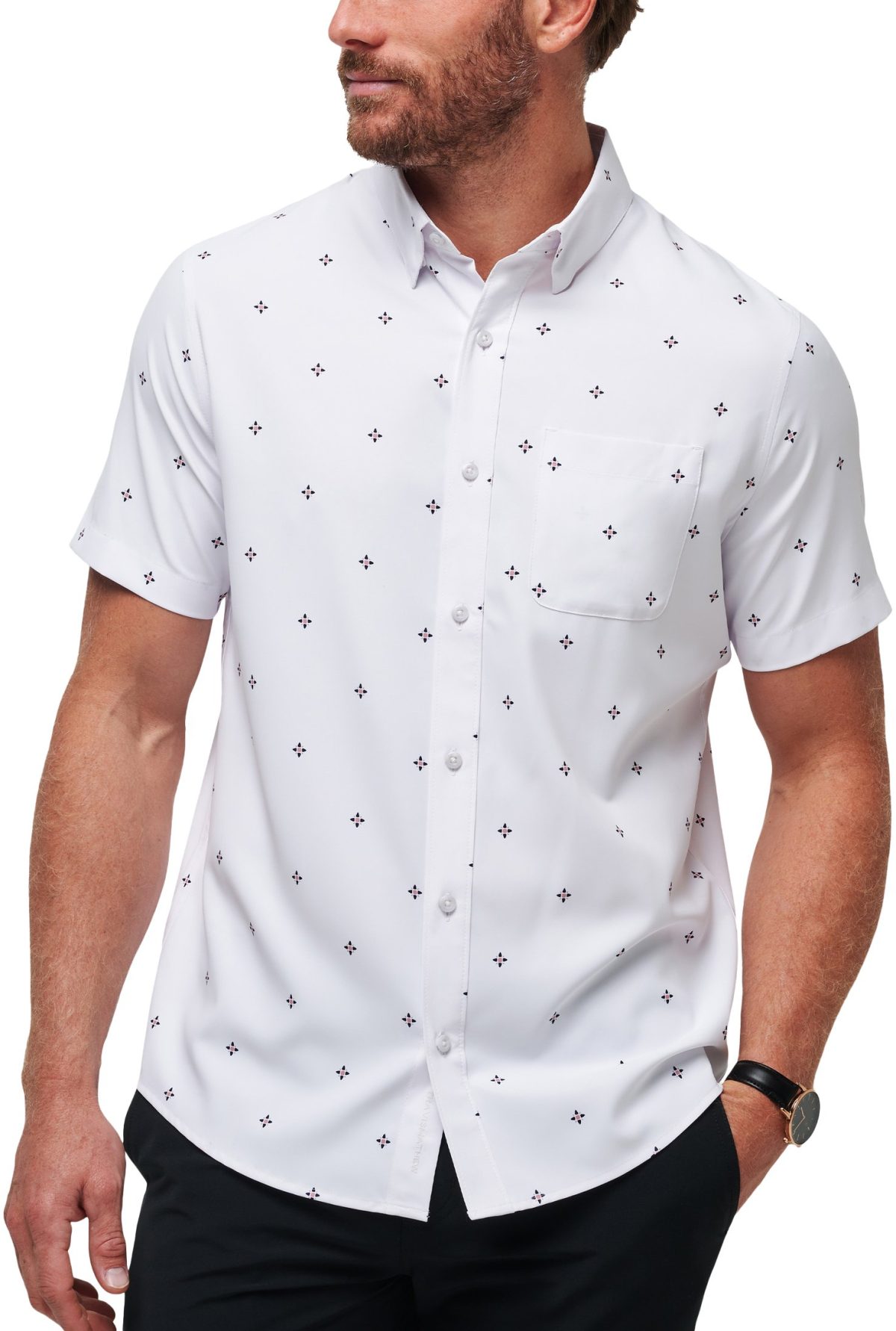 TravisMathew Olive Branch Button-Up Men's Golf Shirt - White, Size: Large