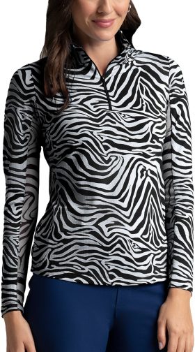 IBKUL Womens Cecilia Print Long Sleeve Mock Neck Golf Top - Black, Size: Small