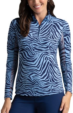 IBKUL Womens Cecilia Print Long Sleeve Mock Neck Golf Top - Blue, Size: Small