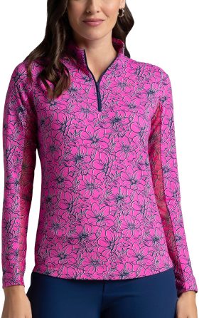 IBKUL Womens Diana Print Long Sleeve Mock Neck Golf Top - Pink, Size: Small