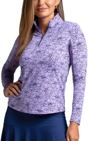 IBKUL Womens Diana Print Long Sleeve Mock Neck Golf Top - Purple, Size: Small