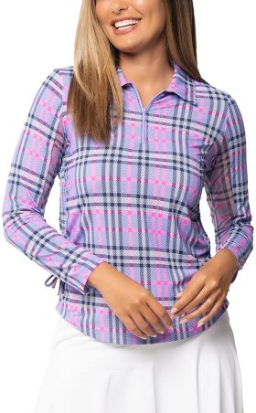 IBKUL Womens Judith Print Adjustable Length Long Sleeve Golf Polo - Purple, Size: Small