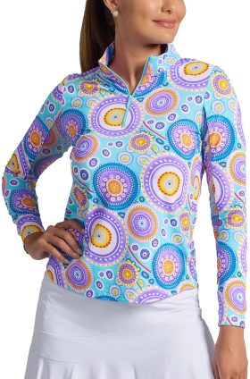 IBKUL Womens Leona Print Long Sleeve Mock Neck Golf Top - Green, Size: Small