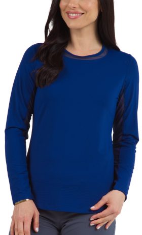 IBKUL Womens Long Sleeve Crew Neck Golf Top with Mesh - Blue, Size: Small