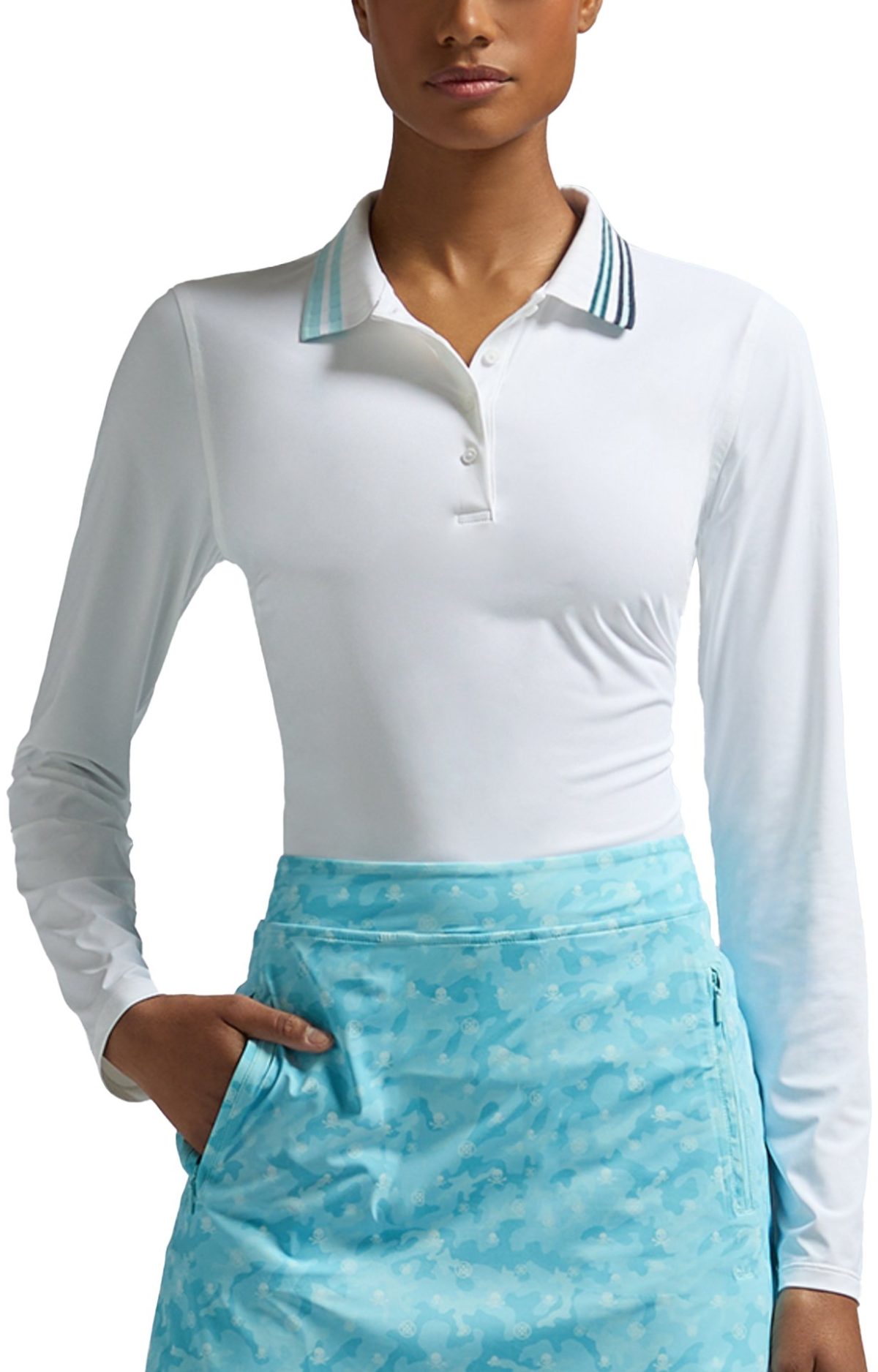 G/FORE Womens Contrast Collar Rib SIlky Tech Nylon Long Sleeve Golf Polo - White, Size: Large