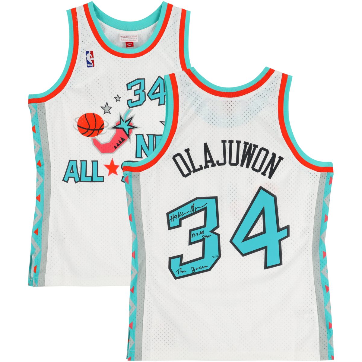 Hakeem Olajuwon Houston Rockets Autographed White Mitchell & Ness 1996 NBA All-Star Game Swingman Jersey with Multiple Inscriptions - Limited Edition #10/10