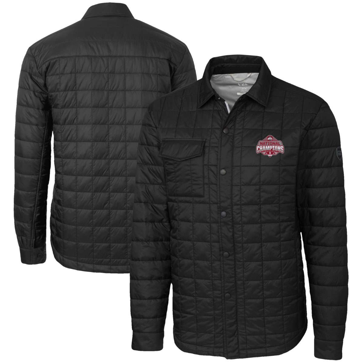 Men's Cutter & Buck Black Ohio State Buckeyes College Football Playoff 2024 National Champions Big & Tall Rainier PrimaLoft® Eco Insulated Quilted Full-Zip Shirt Jacket