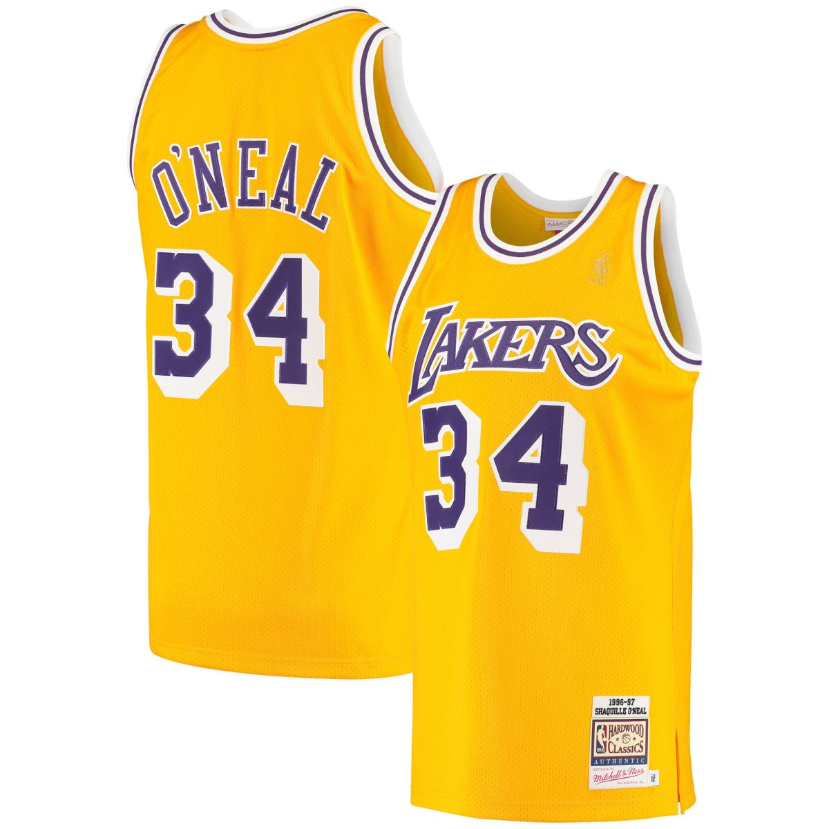 Men's Mitchell & Ness Shaquille O'Neal Gold Los Angeles Lakers 1996/97 Hardwood Classics Authentic Jersey