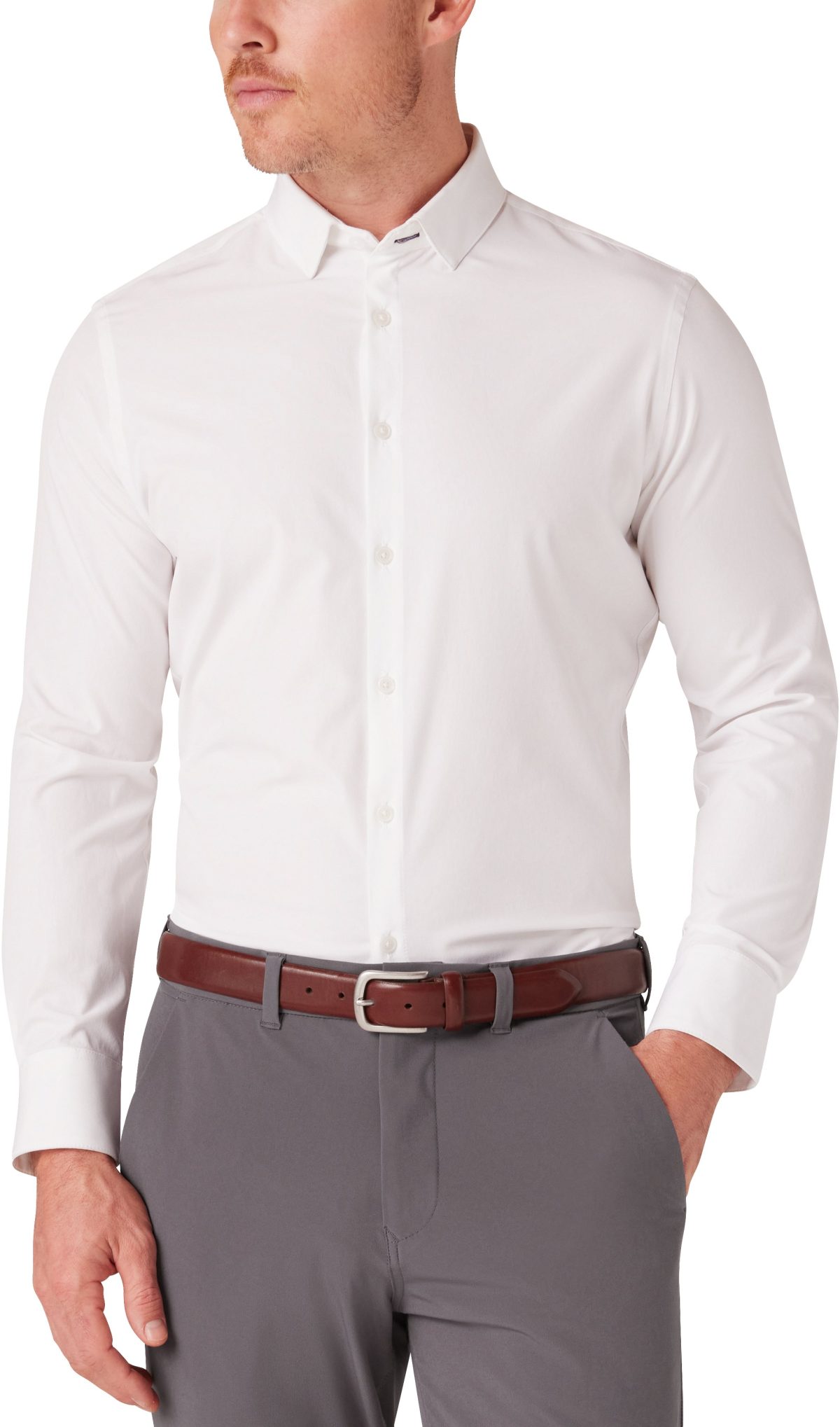 Mizzen+Main Leeward Long Sleeve Button Down Men's Golf Shirt - White Solid - White, Size: Medium Trim Fit