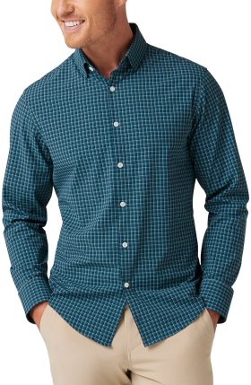 Mizzen+Main Leeward No Tuck Button Down Men's Golf Shirt - Sea Ludlow Plaid - Blue, Size: Large Trim Fit