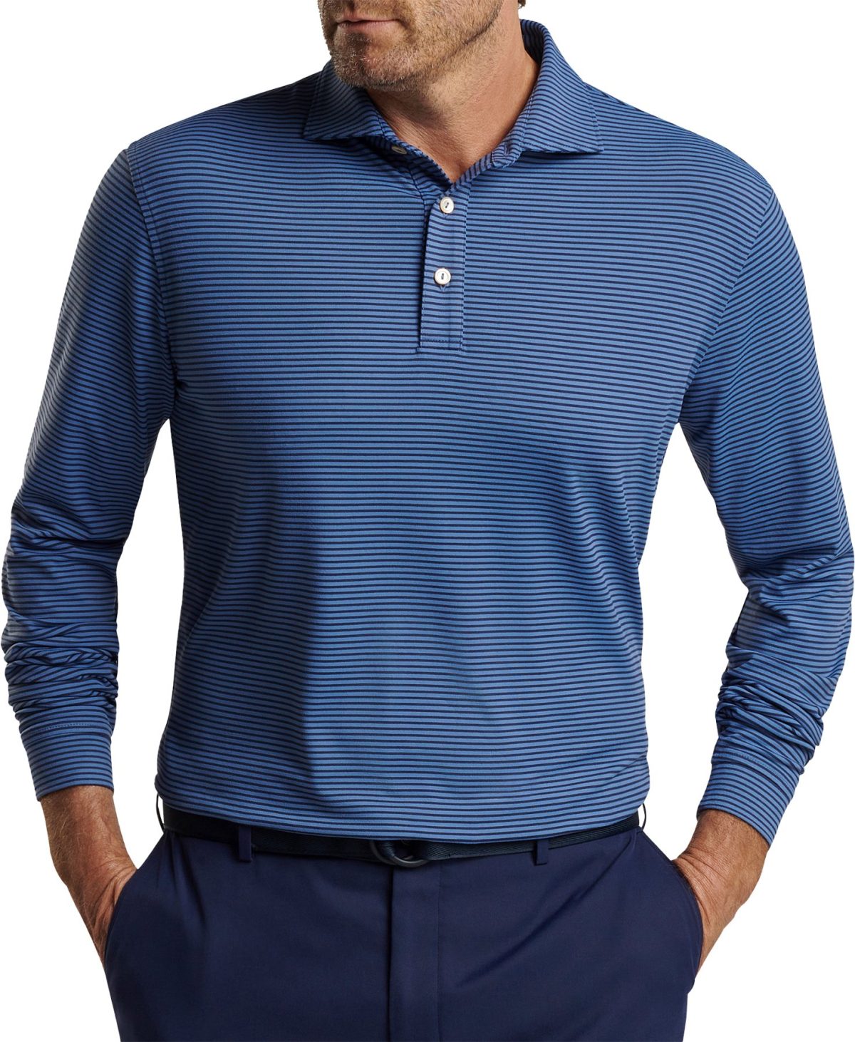 Peter Millar Lyons Performance Jersey Long Sleeve Men's Golf Polo - Blue, Size: X-Large