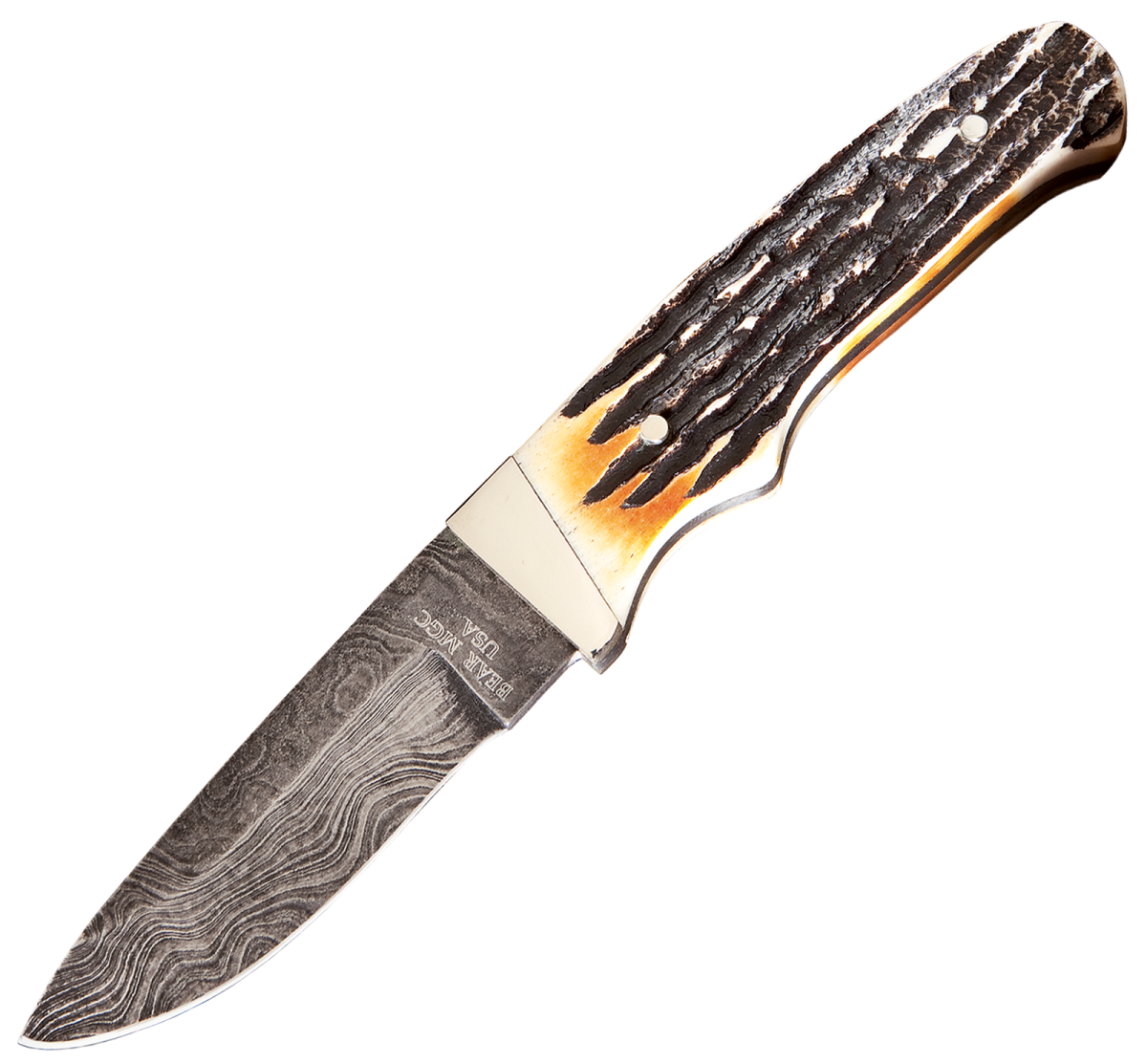 Bear & Son Cutlery Genuine India Stag-Bone Damascus Fixed-Blade Knife