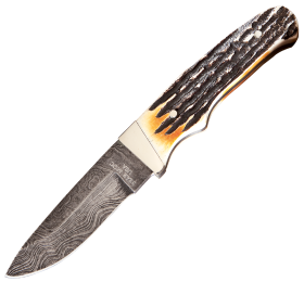 Bear & Son Cutlery Genuine India Stag-Bone Damascus Fixed-Blade Knife