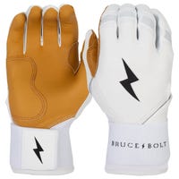 Bruce+Bolt Premium Cabretta Leather Long Cuff Youth Batting Gloves - 2020 Model in White/Gold Size Large