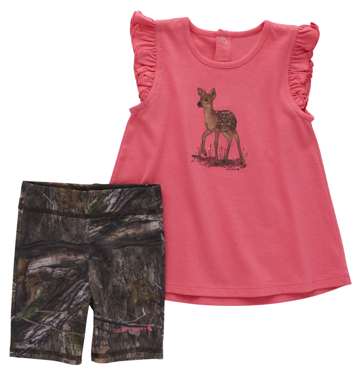 Carhartt Deer Short-Sleeve Shirt and Camo Biker Shorts Set for Babies - Mossy Oak Country DNA/Pink - 3 Months