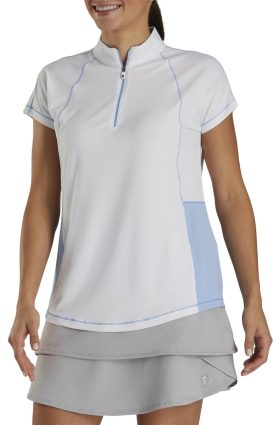 FootJoy Womens Jersey Mini Stripe Zip Golf Top - White/Blue - White, Size: X-Large